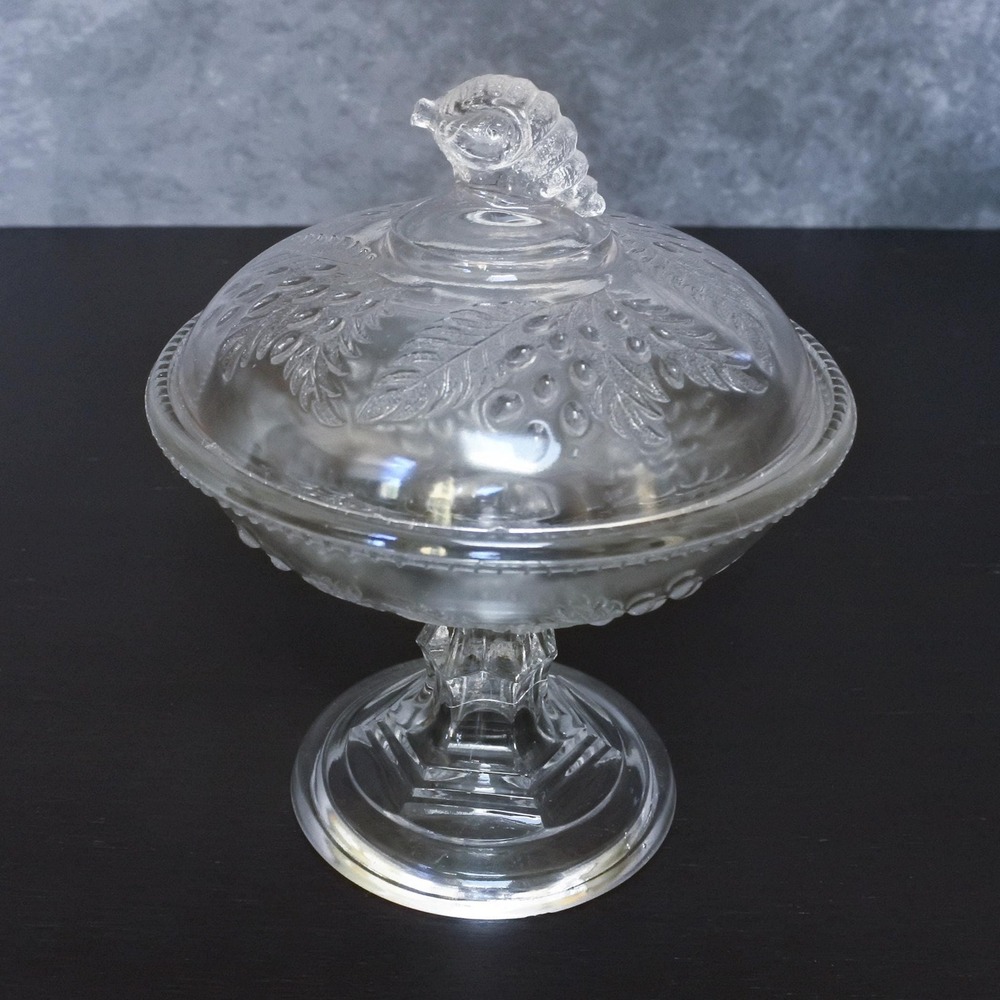 Antique 1870s McKee & Bros American Pressed Glass Barberry Covered Tall Compote